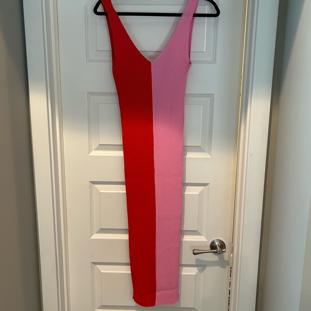 STAUD Asymmetrical Red and Pink Dress